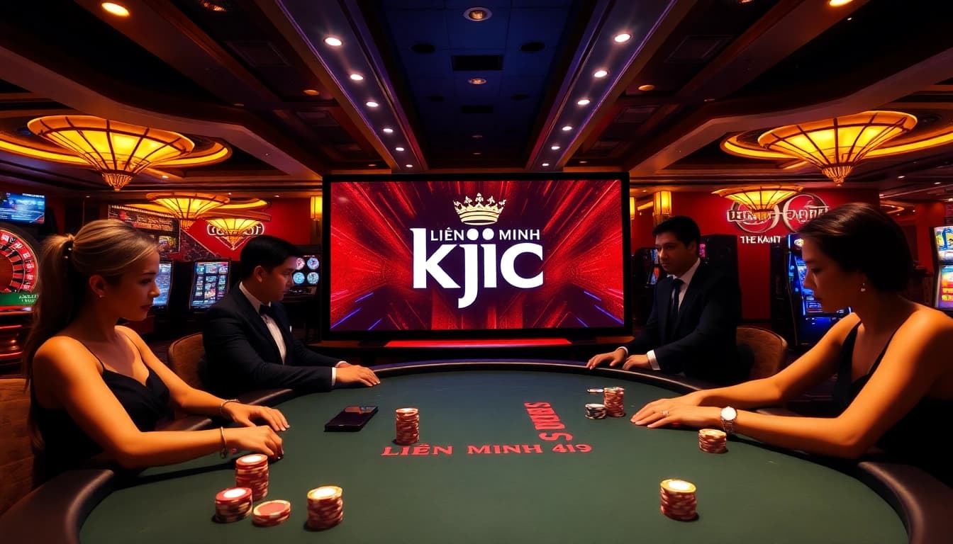 Gamblers enjoying high-stakes poker at a luxurious casino representing liên minh kjc.