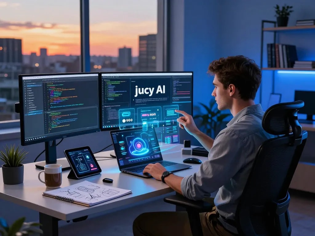 Engaged developer working on juicy ai platform in a modern tech workspace.