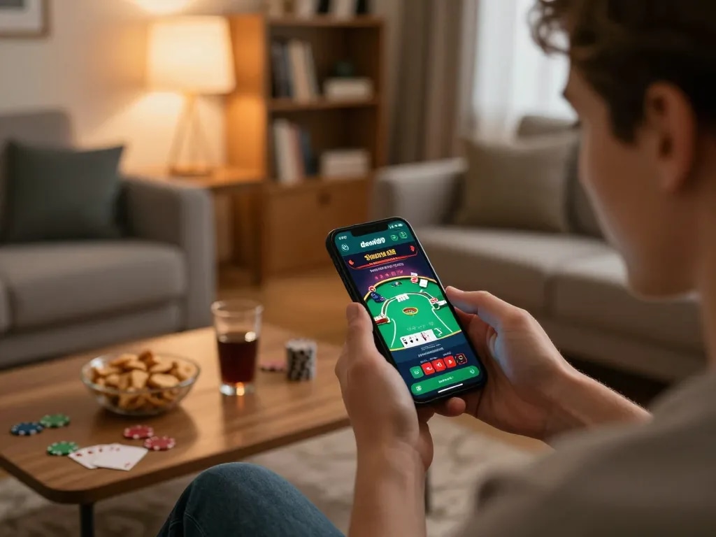 Orang berinteraksi dengan aplikasi kasino online dewi89 di ponsel pintar di ruang tamu yang nyaman