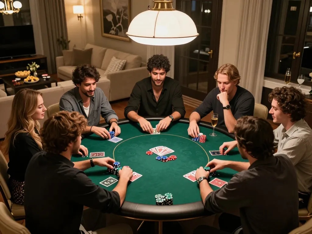 Engage in a thrilling poker night with friends at https://rr888.shopping/, featuring chips and cards around a round table.