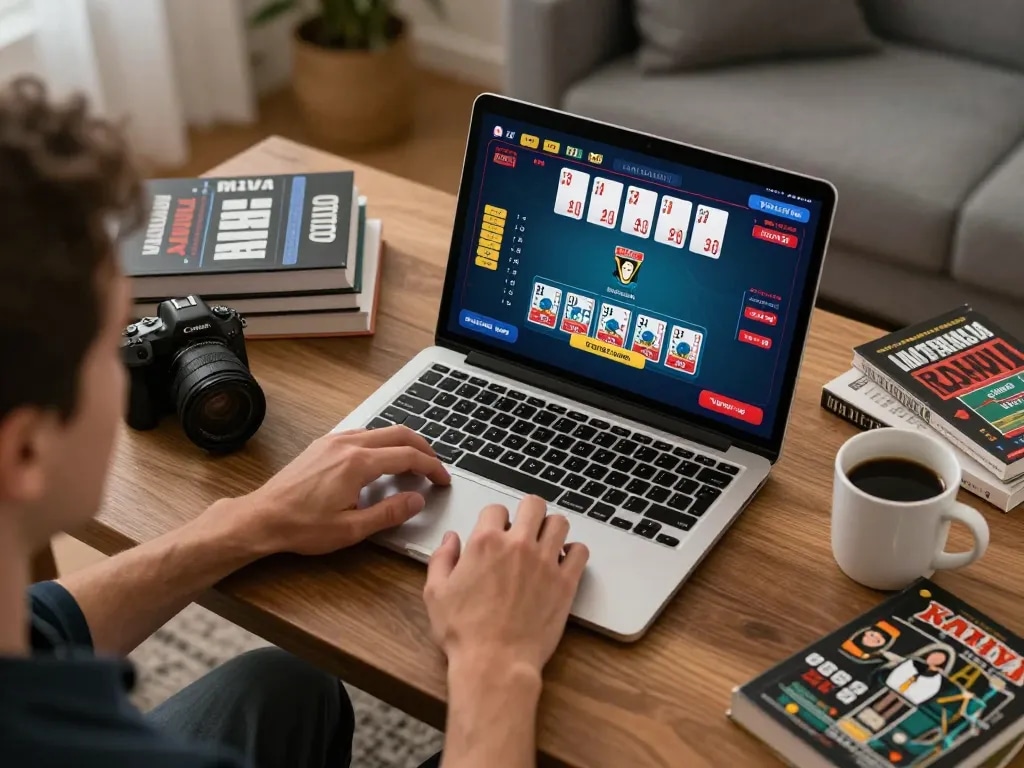 Playing online blackjack at https://tairikvip.co with a laptop in a cozy home setting, showcasing strategic gameplay