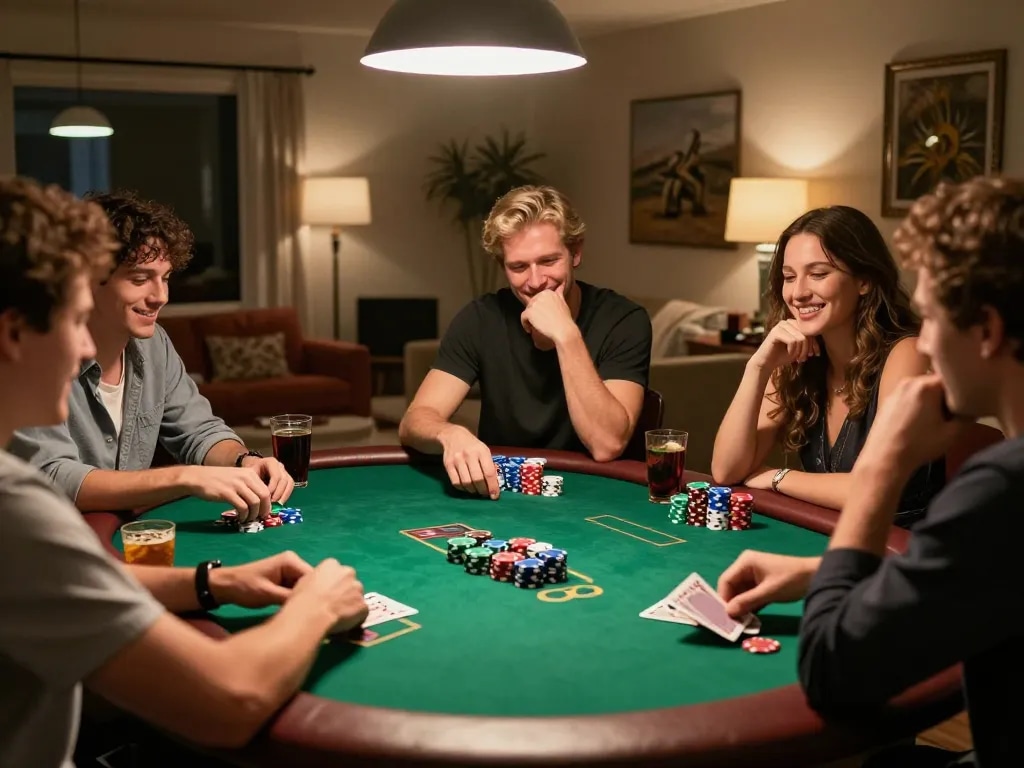 Players enjoying a thrilling poker game during a bem88l home night, capturing a vibrant social atmosphere.