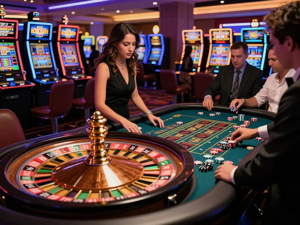 Players engaging in an exciting roulette game at shbet.com, with vibrant chips and a spinning wheel creating an electric atmosphere.