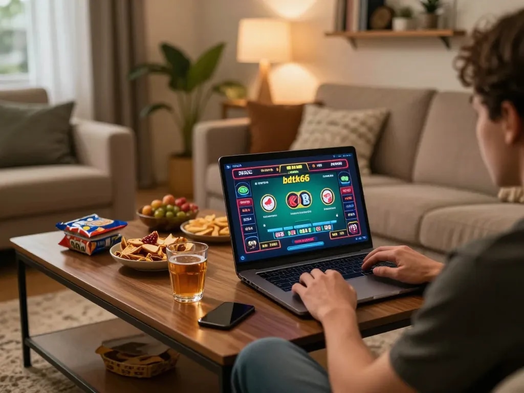 Engaging with the bdtk66 online casino on a sleek laptop at home for strategic gameplay.