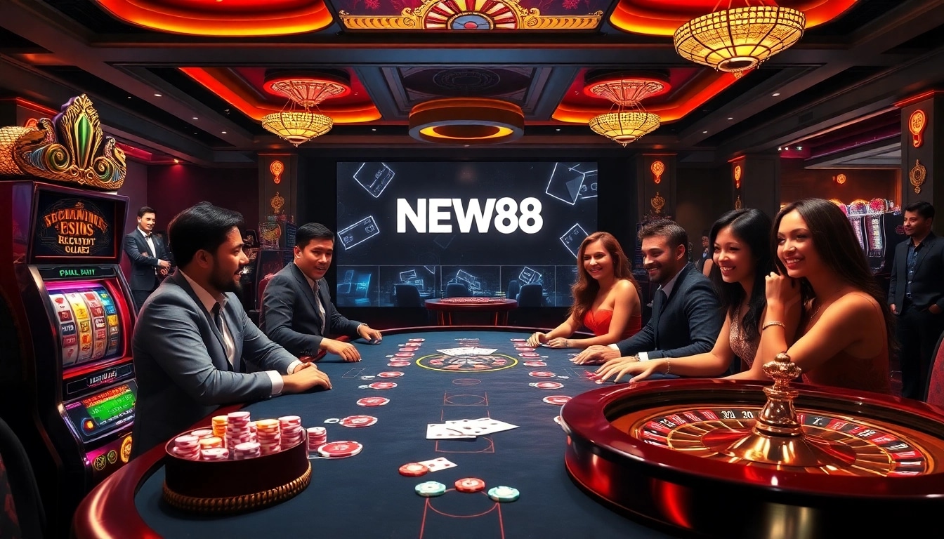 Experience thrilling gameplay at NEW88 casino, featuring vibrant poker chips and luxurious slot machines.