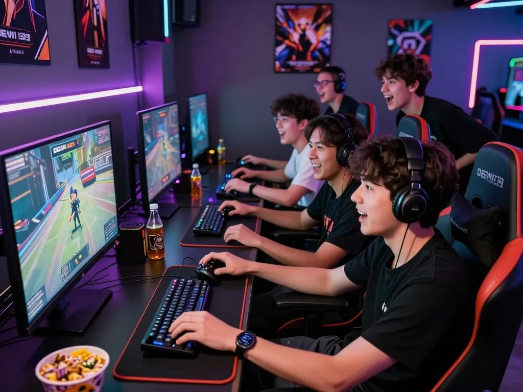 Friends enjoying DEWI123 online gaming tournament with vibrant atmosphere.