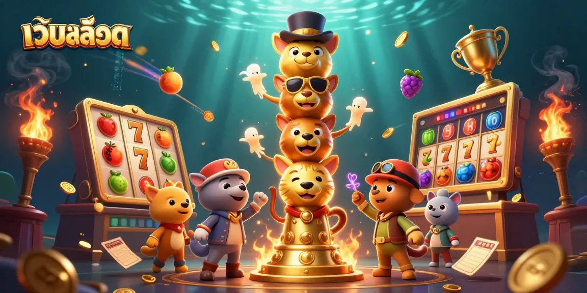 Engage with เว็บสล็อต featuring vibrant slot reels and a dynamic golden totem illustration.