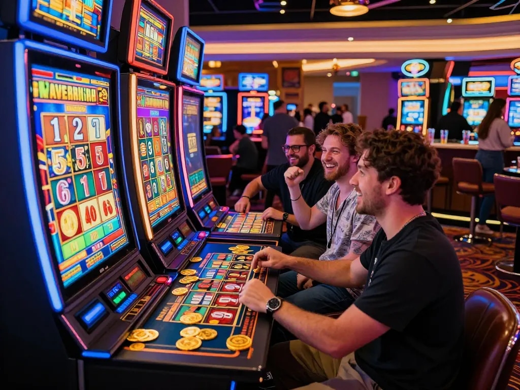 Suasana perjudian yang mengasyikkan dengan pemain di mesin link slot merayakan kemenangan jackpot di kasino yang penuh warna.