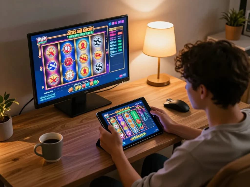 Engaged player enjoying situs slot gacor on tablet, colorful slot interface visible, cozy home setup.