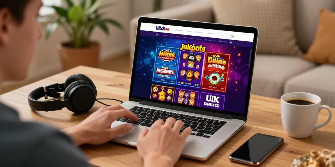 Excited user exploring new uk casino sites on a laptop in a cozy home setting.