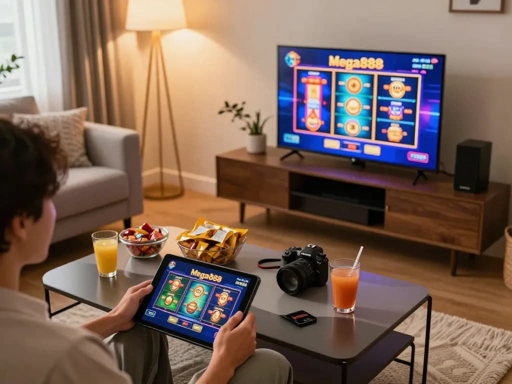 Mega888 gaming experience on tablet in a cozy home setting with engaging atmosphere and exciting gameplay.