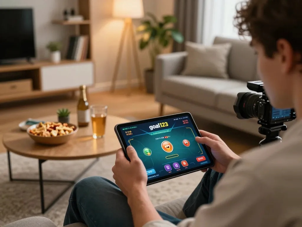 Engaging with mobile gambling using the app goal123 on a tablet in a cozy living room