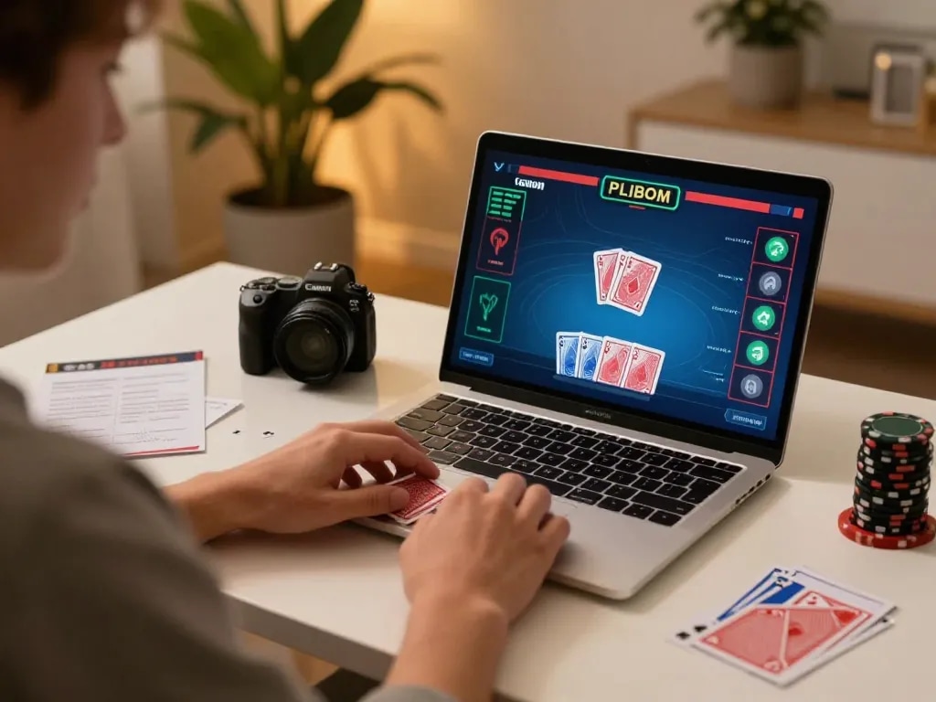Experience MPOSPORT online poker with a real-time game interface on a cozy home desk.
