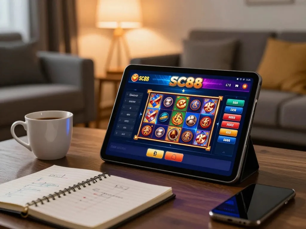 Engaged player exploring SC88's casino app on tablet in a cozy home setting, surrounded by strategic notes.