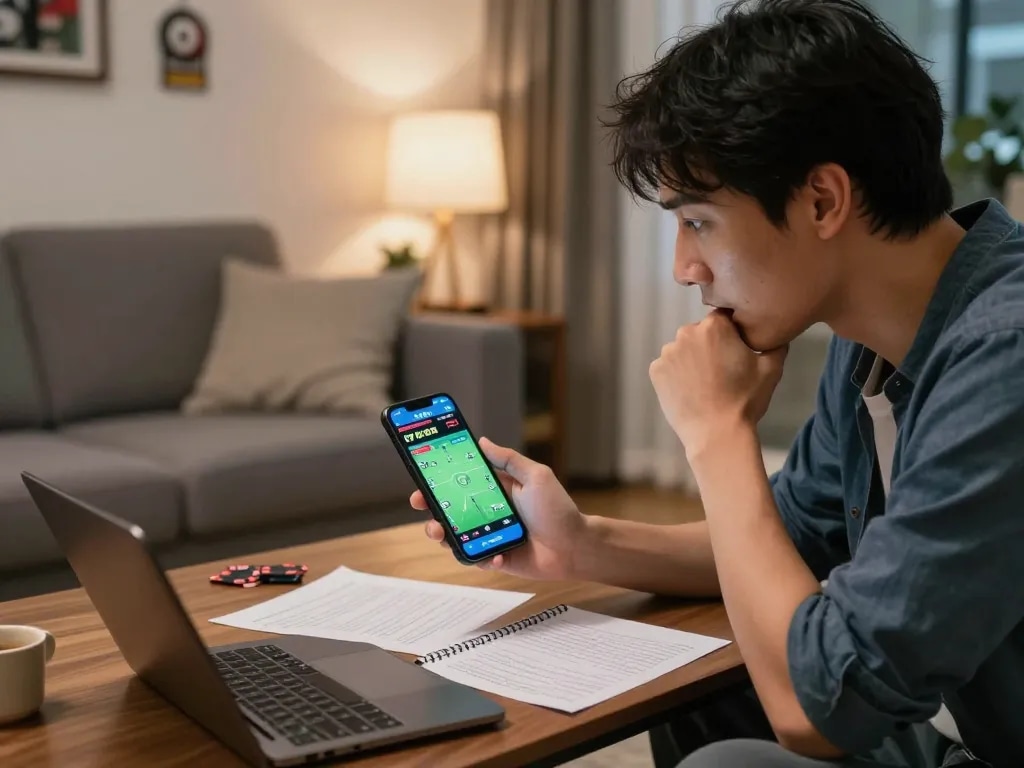 Person tracking kèo nhà cái updates on smartphone while enjoying live sports at home.