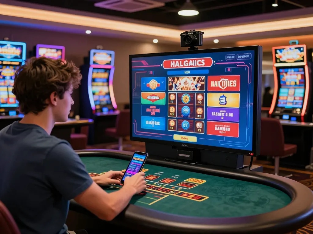 Engaging online gambling experience at Nhà Cái 32win with virtual dealer and slot machines.