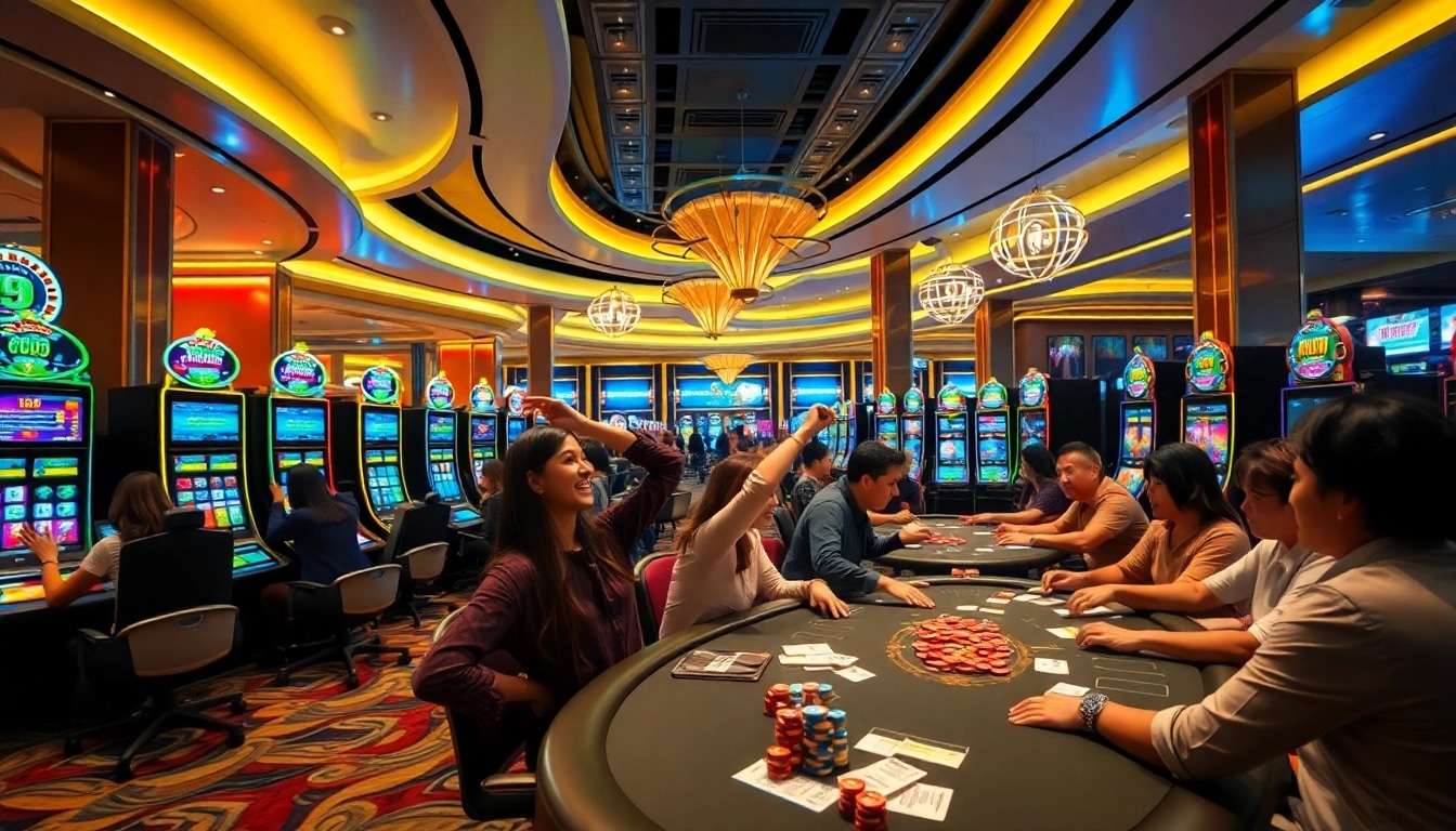 Nổ Hũ Đổi Thưởng players celebrating big wins at a luxurious casino, with vibrant slot machines and poker tables.