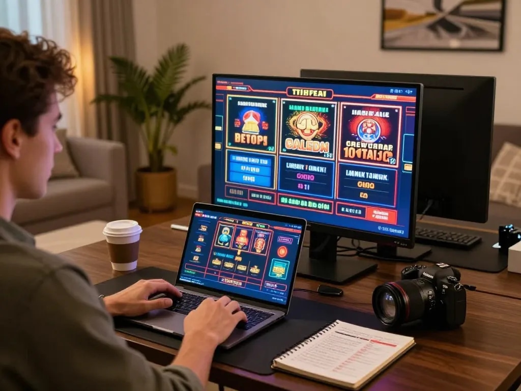 Engaged player exploring trang chủ kuwin casino games on a laptop at home, showcasing a modern gaming setup.