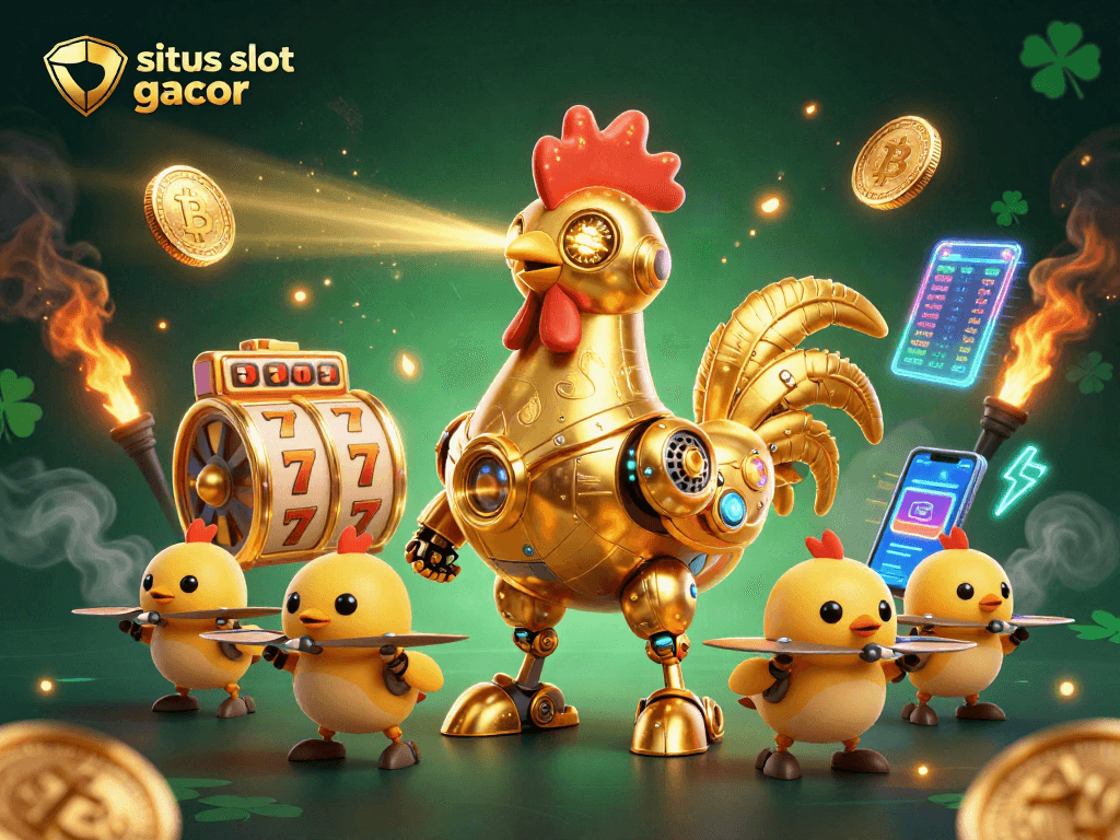 Engage with situs slot gacor using a vibrant 3D casino illustration showcasing a golden rooster and dynamic elements.