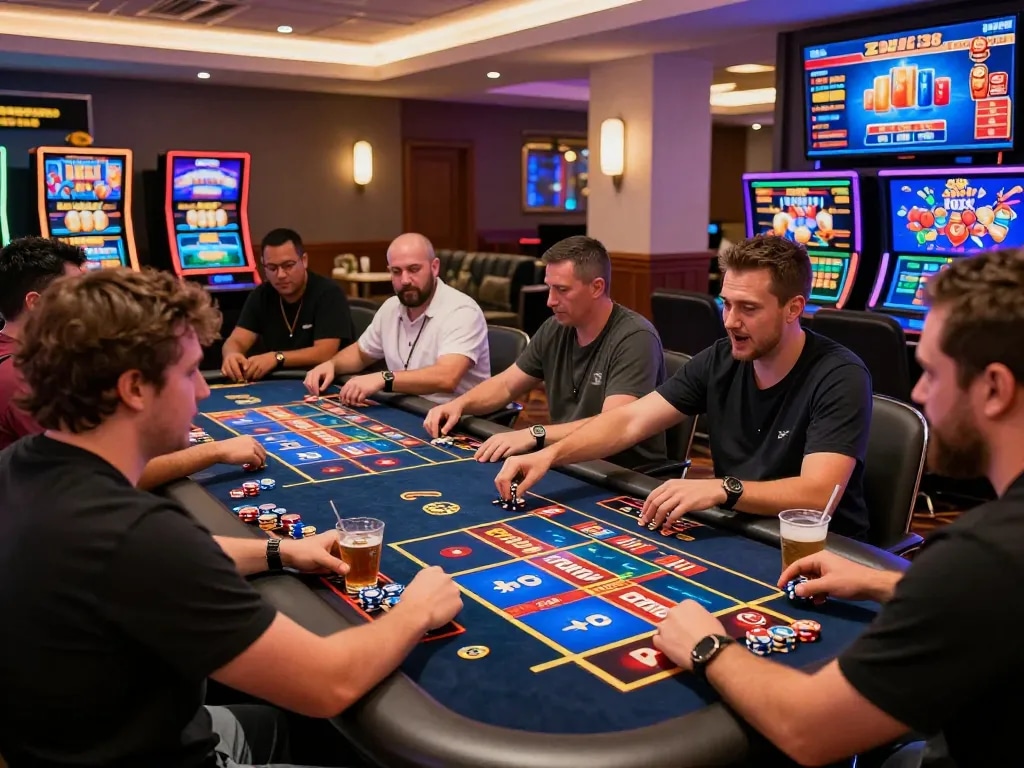 Engaged gamblers enjoying Zeus138 online slots in a lively casino atmosphere.