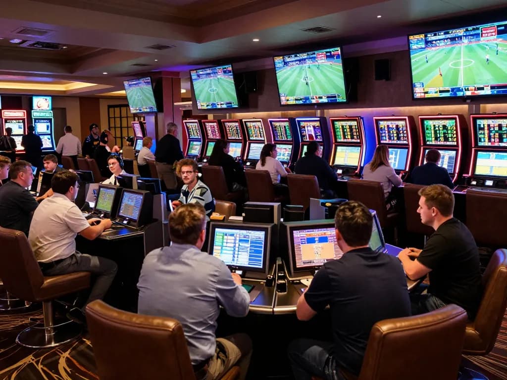 Betting on tỷ lệ nhà cái while engaged in live sports excitement at a luxury casino betting area.