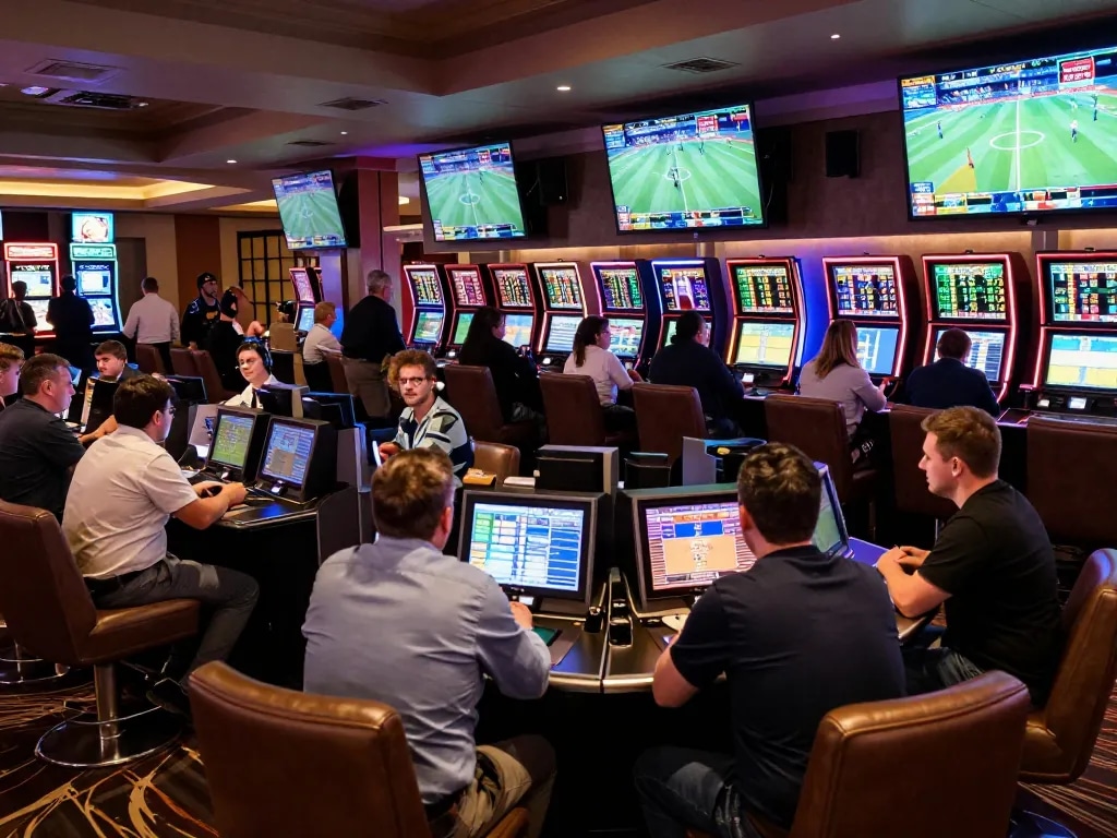 Betting on tỷ lệ nhà cái while engaged in live sports excitement at a luxury casino betting area.