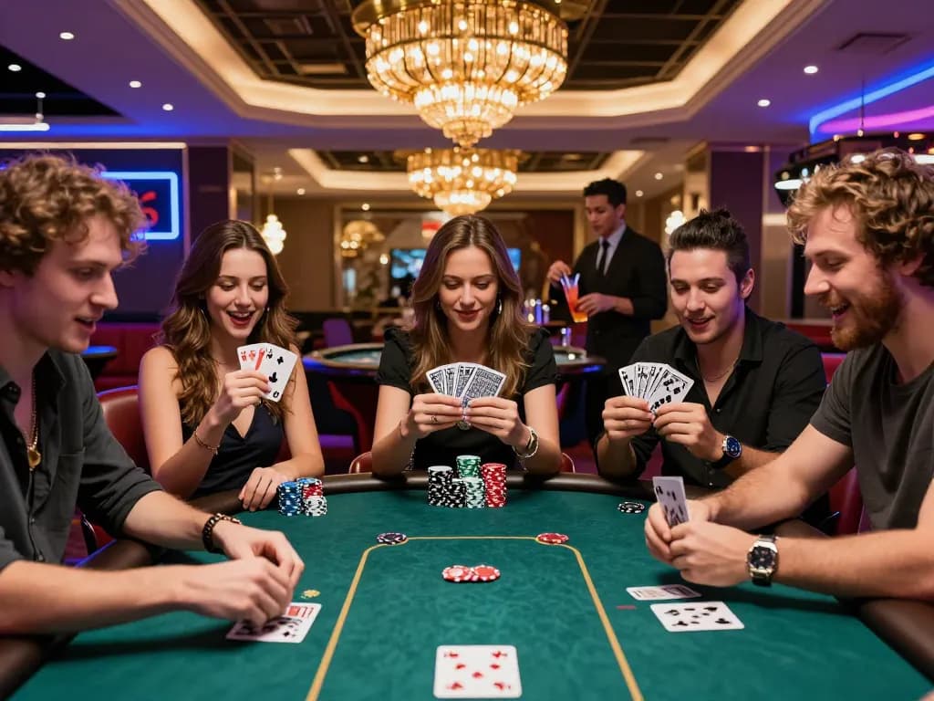 Engaging friends playing at a SBOBET88 poker table in a lively casino atmosphere.