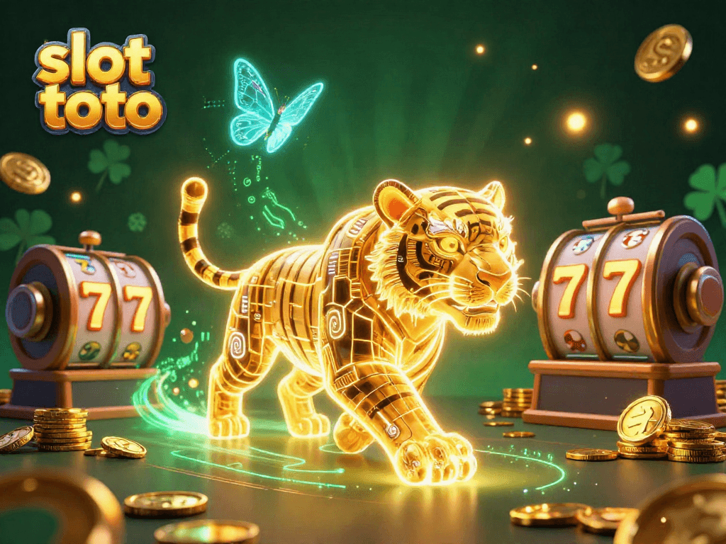 Experience the thrill of slot toto gaming with a lively scene filled with golden tigers and dazzling slot symbols.
