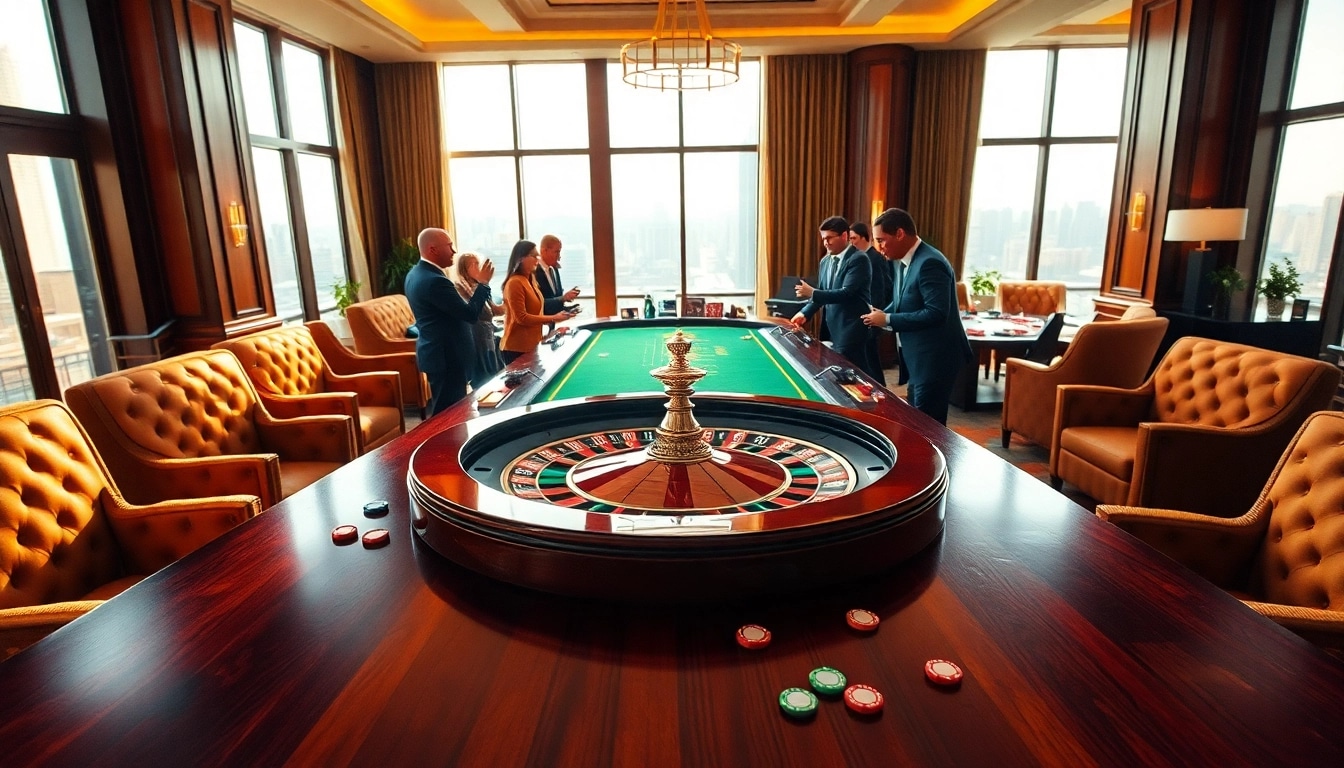 Erleben Sie spannende casino-spiele de in einem eleganten Casino-Setup mit Spielern und einem Roulettetisch.