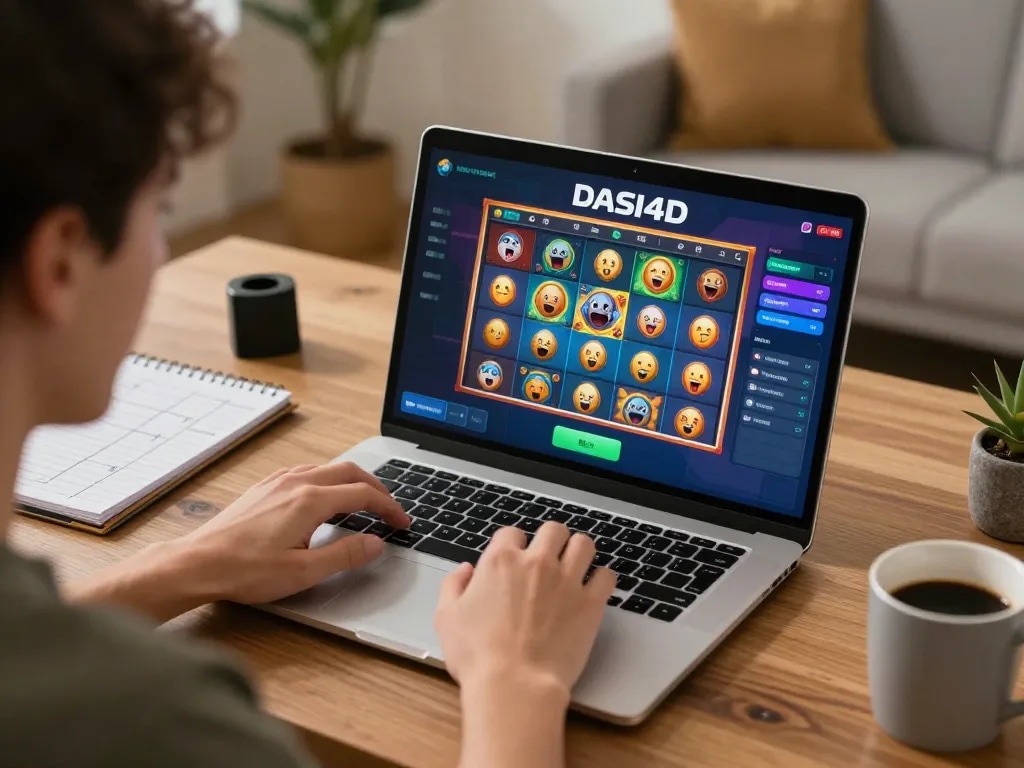 Pemain menikmati permainan slot DASI4D online dengan antarmuka berwarna-warni di pengaturan rumah yang nyaman