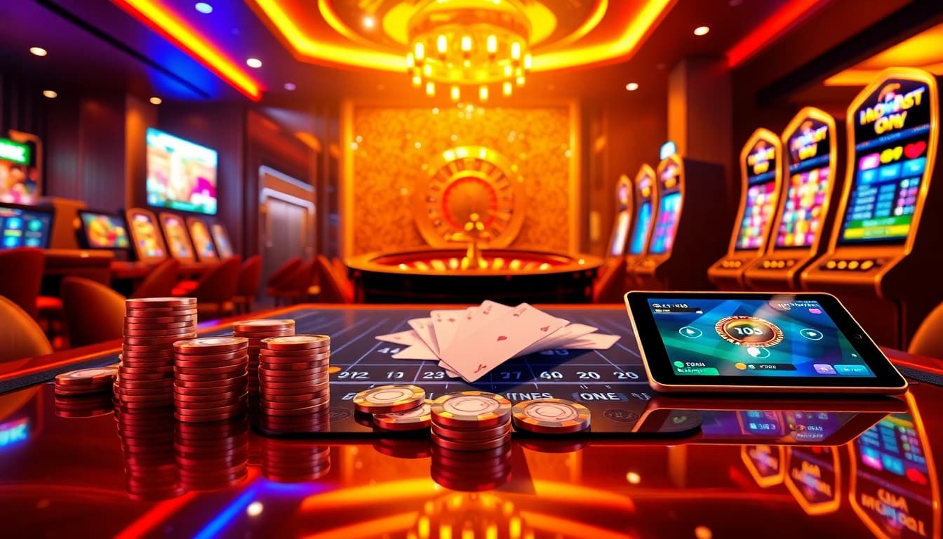 Engaging NK88 game interface featuring poker chips, roulette wheel, and slot machines in a vibrant casino setting