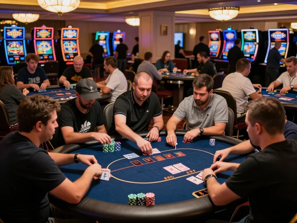 SUNWIN players strategizing at poker tables in vibrant casino atmosphere