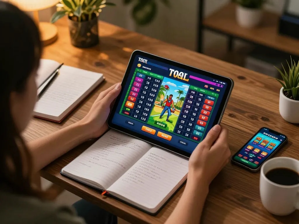 Engaging online gaming session at home featuring GTA Togel betting interface on a tablet with analysis notes nearby.