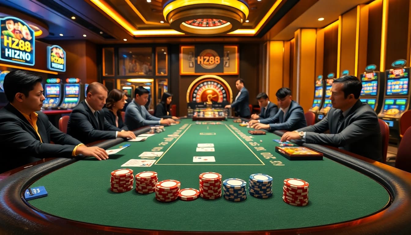 HZ88 casino table showcasing players strategically betting with poker chips and cards