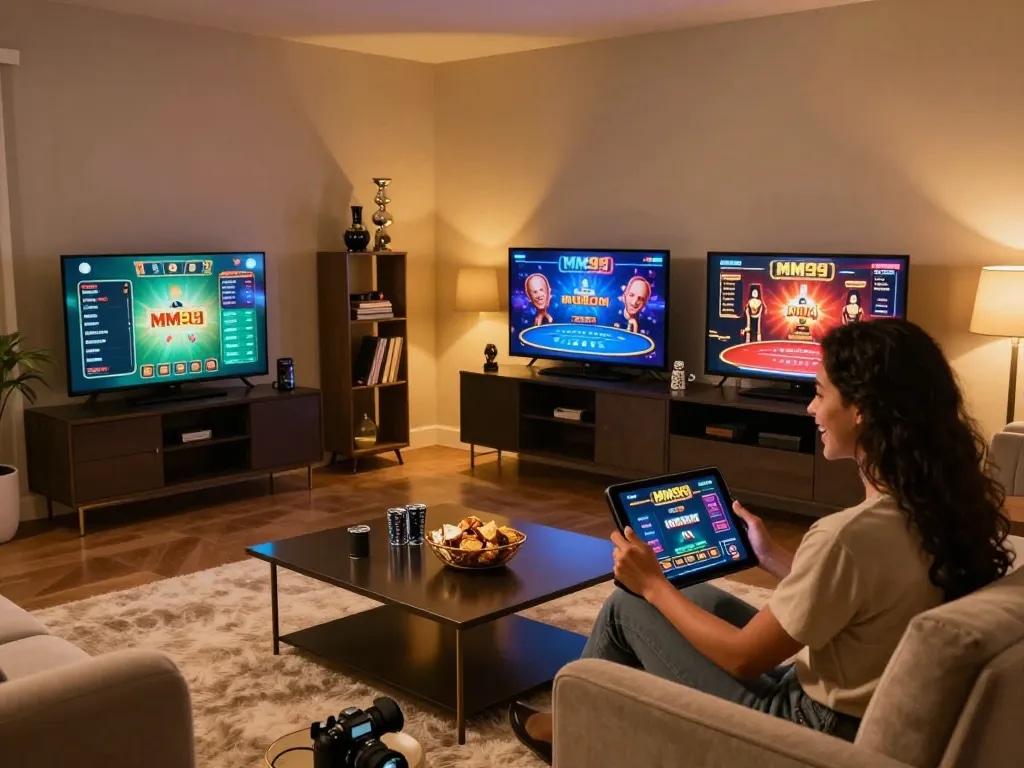 Player enjoying MM99 COM mobile gaming setup in a cozy home, showcasing strategic online gambling.