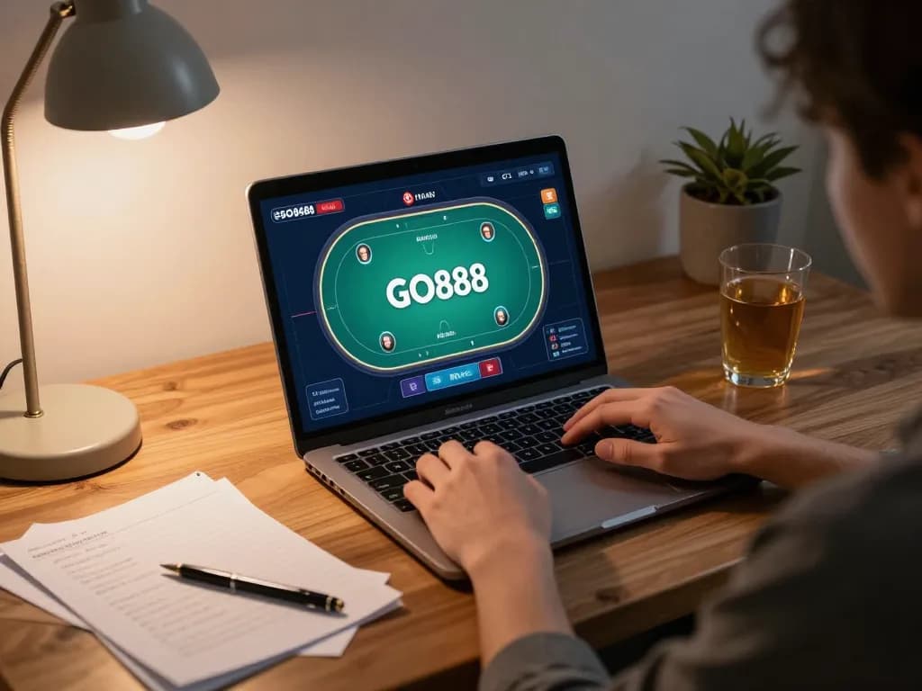 Engaging in GO88 online poker with strategy notes in a cozy home office