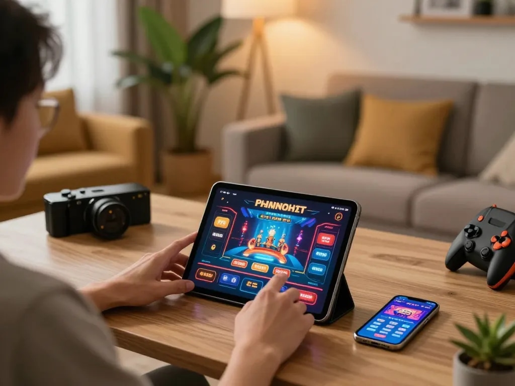 Engaged user playing TO288 online casino on tablet, showcasing digital interface and strategic gaming.