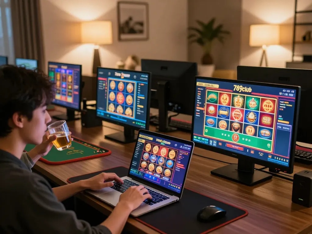 Engaging gameplay on 789club with user focused on laptop screen of vibrant casino games