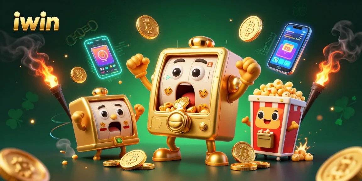 iwin's golden slot machine hits a jackpot surrounded by cheers and crypto coins.