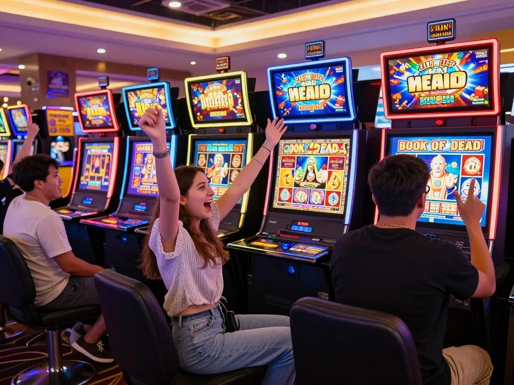 Exciting scene of players enjoying the meilleur jeux sur wild sultan casino with slot machines and vibrant atmosphere.