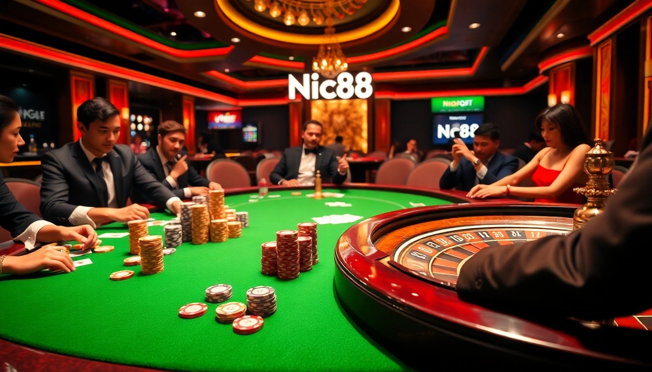 Nc88 poker game with luxury felt table, strategic players, and vibrant casino atmosphere.