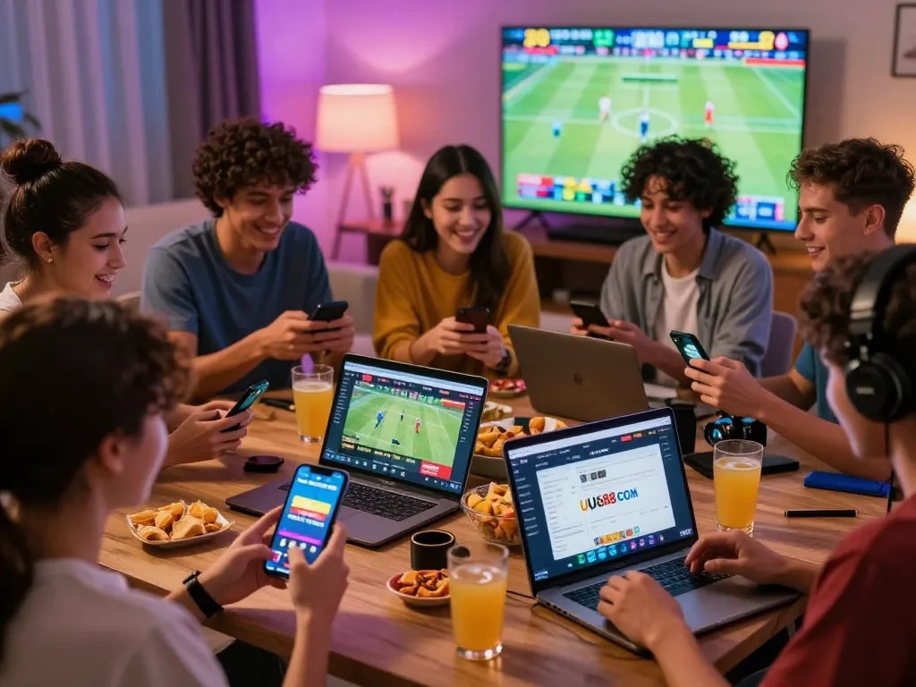 Exciting scene of friends enjoying online betting on UU88 COM in a lively living room.