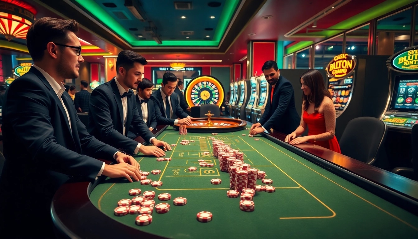 Is shbet có uy tín không? Players enjoy a game at a luxurious casino with vibrant tables and slot machines.