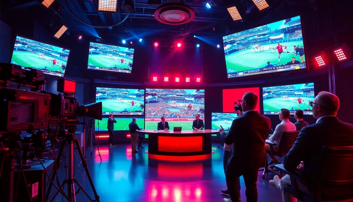 Engaging scene of sports broadcasting studio with dynamic lighting and vibrant colors.