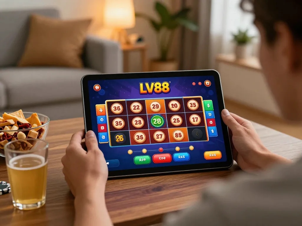 Player immerses in LV88's online casino experience on tablet while enjoying a cozy home setting.