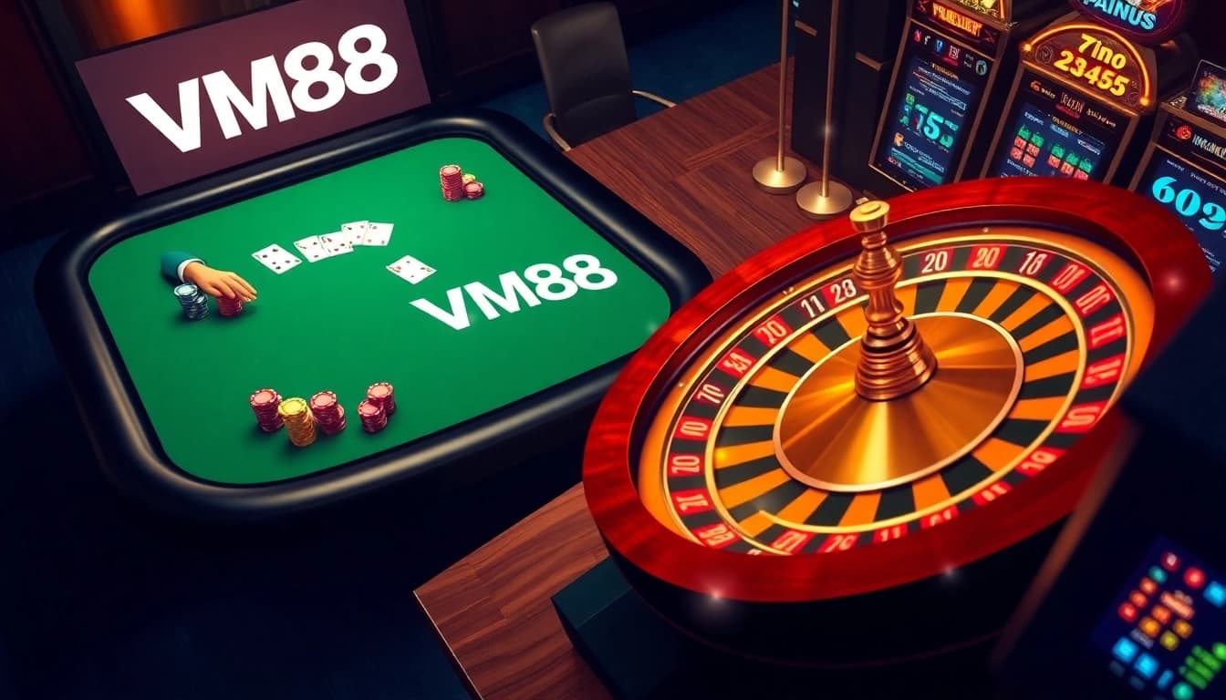 VM88 platform showcasing expert card dealing and dynamic roulette wheel action with vibrant poker chips