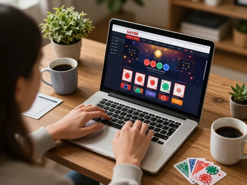 Player enjoys online gambling at Say88 with vibrant casino interface displayed on laptop, cozy home setting.