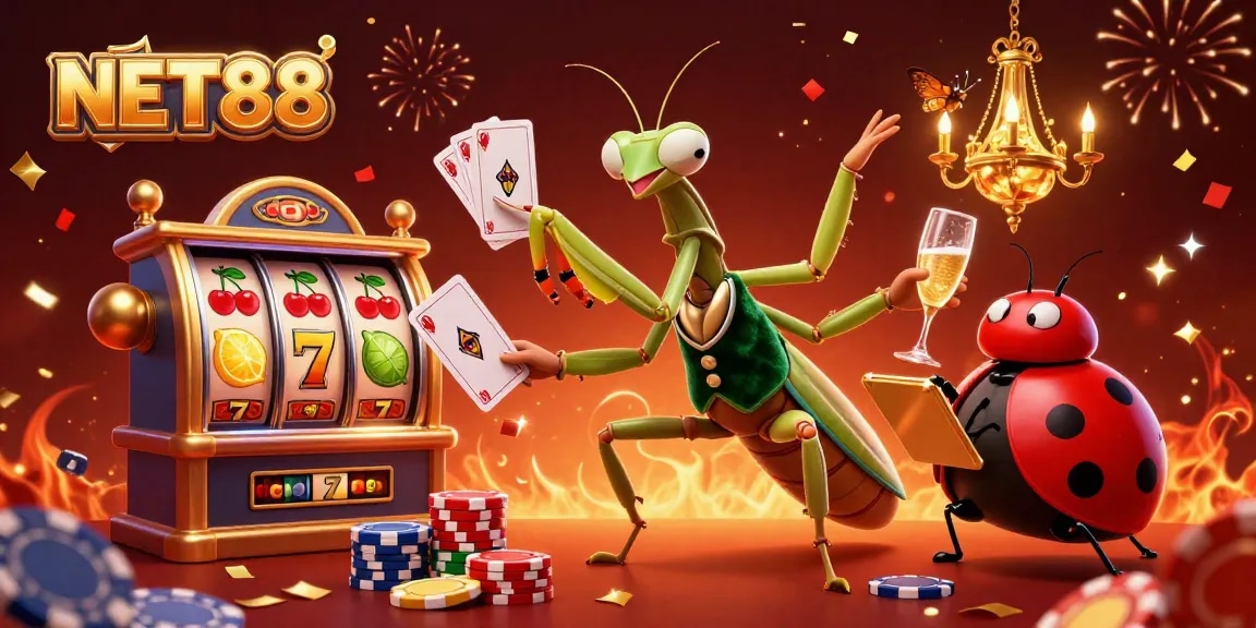Experience excitement with NET88's vibrant casino scene showcasing a giant card sharp and animated slot elements.
