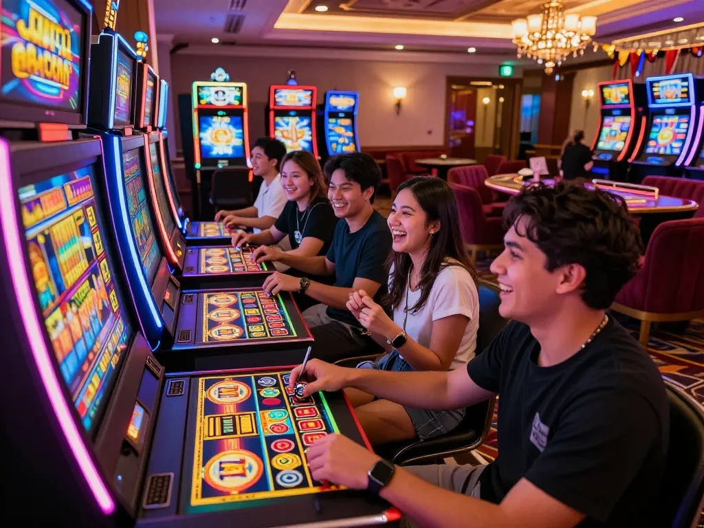 Diverse group enjoying situs gacor games in a vibrant casino atmosphere.