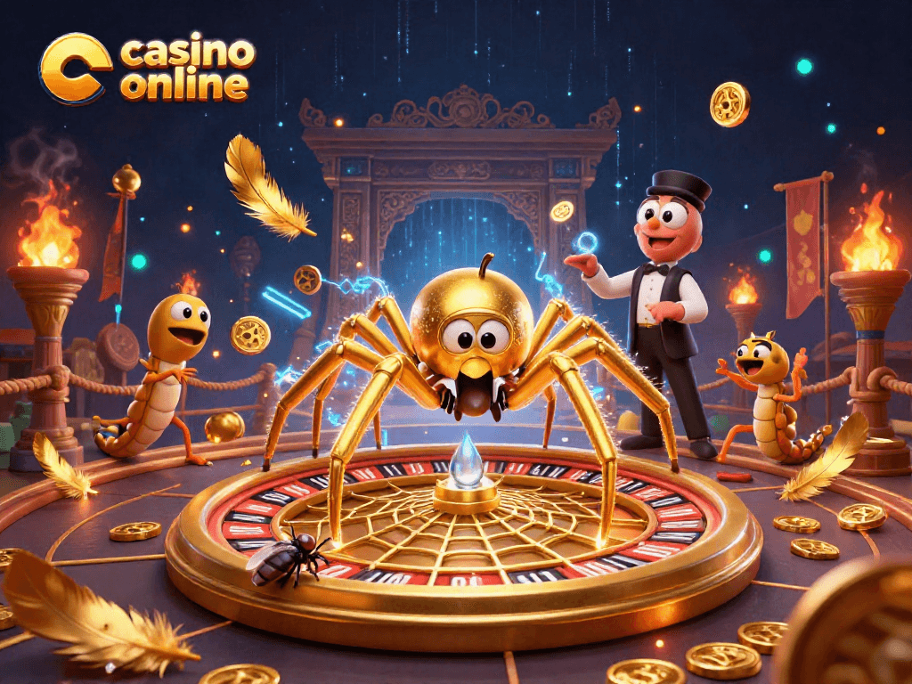 Experience thrills at casino online depicted by a golden spider and centipede in a dynamic roulette scene.